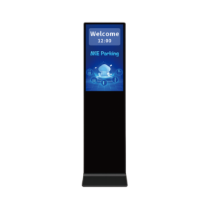 AKE Parking guidance system kiosk with 32-inch vertical touch screen for 2D car finding and route inquiry.