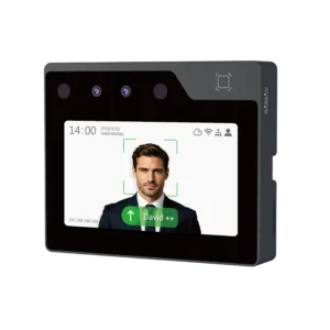 4.3-inch face recognition access control terminal with dual cameras and a touchscreen attendance verification interface.
