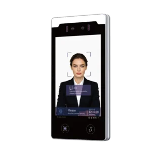 8-inch face recognition access control attendance system with vertical touchscreen, dual cameras, and card reader.