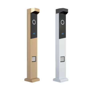 All-in-one ANPR parking camera angled view with integrated column body, shaded recognition module, fill light, and base.