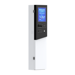 Smart parking payment kiosk side view with LCD touchscreen, QR code scan port, banknote inlet, and side access door