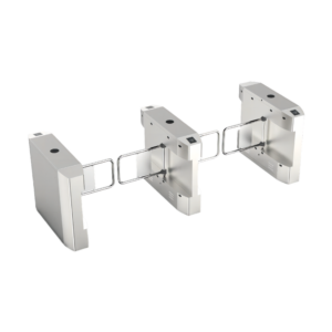 Three-lane wide lane turnstile gate system with stainless steel swing barriers and card reader positions