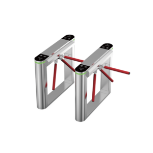 Turnstile gate system with bridge tripod turnstile housing, red arms, access reader area, and status indicators for pedestrian entry control.