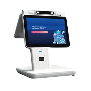 Front view of the AKE dual-screen visitor management kiosk — white minimalist chassis with a main touchscreen displaying the visitor registration interface and a binocular liveness camera for face-to-ID visitor check-in