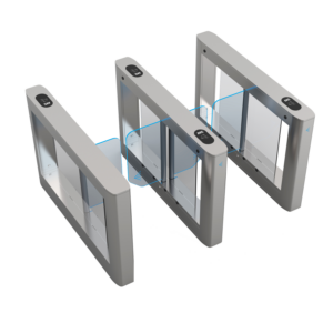 Multi-lane swing barrier turnstile system showing transparent panels and pedestrian direction indicators
