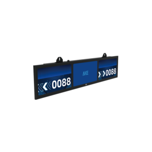 Angled LCD parking guidance display with RJ45 system use, suspended housing, direction arrows, and space availability numbers