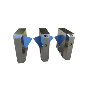 AKE Lite flap barrier turnstile gate with stainless steel cabinets, blue acrylic flap wings, card reader areas, and direction indicators for access control entrances.