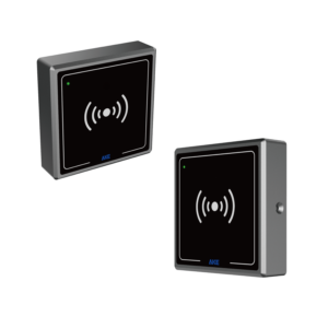 AKE integrated access control system controller with RFID card reader panel, status indicator, and metallic gray housing.