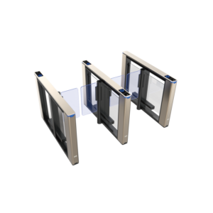Gold AKE speed gate turnstile system with transparent swing panels for indoor office lobby access control.