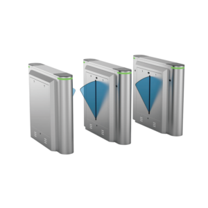 Flap barrier turnstile gate system with stainless steel housing, blue PC wings, and multi-lane access control layout.