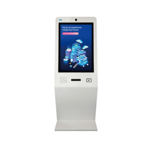 AKE visitor management kiosk with 32 inch touch screen, binocular camera, ID card reader, QR recognition, and visitor pass printer