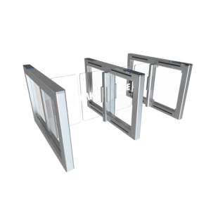 AKE speed gate turnstile with transparent swing panels open for secure pedestrian access control